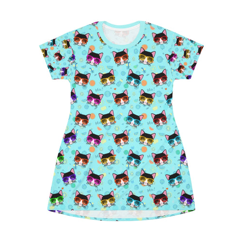 Smarty Cat - Pale Blue - All Over Print T-Shirt Dress