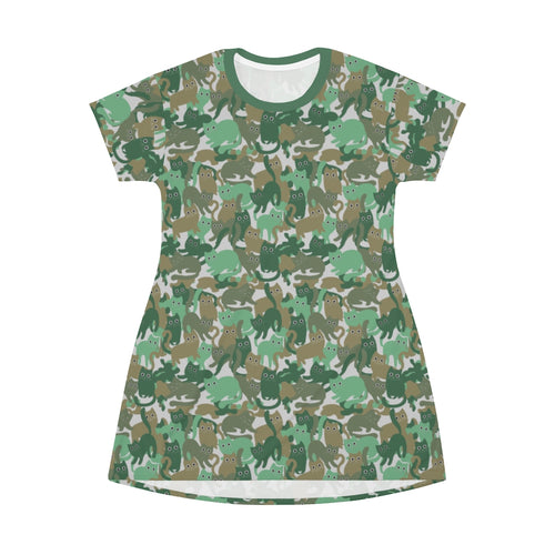 Catmaflage - Green - All Over Print T-Shirt Dress