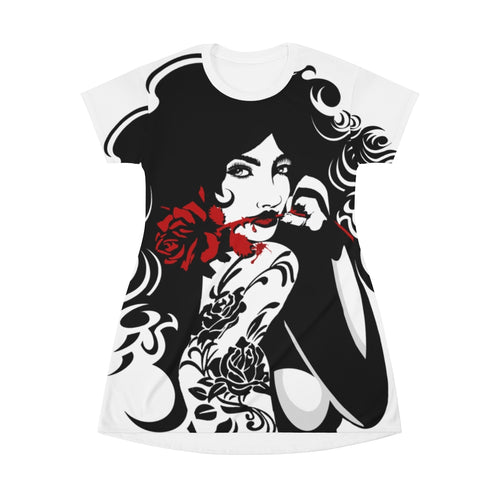Blood Rose - White All Over Print T-Shirt Dress