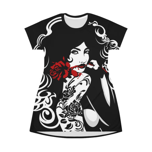 Blood Rose - BLACK All Over Print T-Shirt Dress